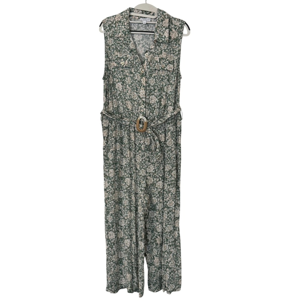 Luxology Jumpsuit Womens Large Green Floral Paisley Sleeveless Cropped Wide Leg